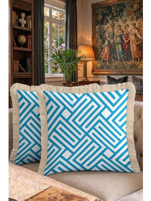 Hanna Home Dekoratif Kırlent Kılıfı Mavi Geometrik Desenli Ev Dekorasyonu Saçaklı Kırlent Kılıfı 43X43 cm