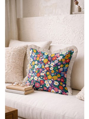 Hanna Home Saçaklı Yastık Kılıfı Botanik Floral Desenli Dekoratif Kırlent Kılıfı Kanepe Dekorasyonu 43X43 cm