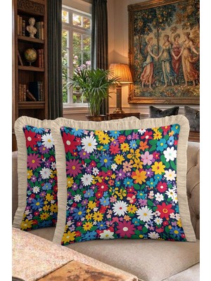Hanna Home Dekoratif Kırlent Kılıfı Botanik Floral Desenli Salon Koltuk Yastığı Saçaklı Yastık Kılıfı 43X43 cm