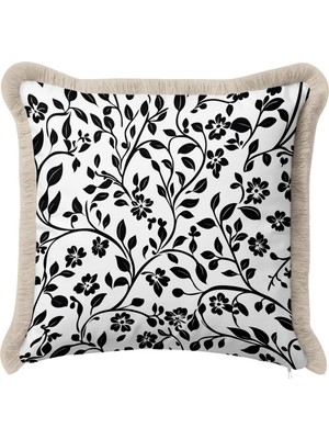 Hanna Home Dekoratif Yastık Kılıfı Krem Beyaz Kırlent Kılıfı Siyah Beyaz Çiçekli Yastık Kılıfı Ev Dekorasyonu 43X43 cm