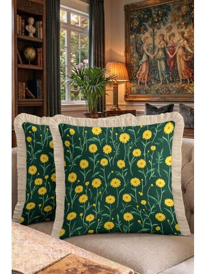 Hanna Home Dekoratif Kırlent Kılıfı Çiçek Desenli Salon Koltuk Yastığı Saçaklı Yastık Kılıfı 43X43 cm