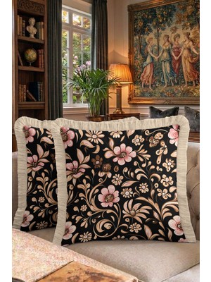 Hanna Home Saçaklı Kırlent Kılıfı Kırlent Kılıfı Çiçekli Desen Siyah Zemin Kırlent Kılıfı Salon Koltuk Yastığı 43X43 cm