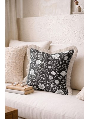 Hanna Home Dekoratif Kırlent Kılıfı Siyah Dekoratif Çiçek Desenli Yatak Odası Dekoru Saçaklı Kırlent Kılıfı 43X43 cm