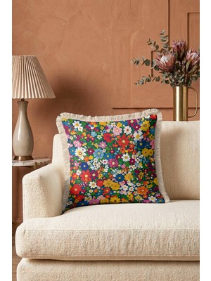 Hanna Home Saçaklı Kırlent Kılıfı Çiçek Desenli Koltuk Takımı Aksesuarı Saçaklı Saçaklı Kırlent 43X43 cm