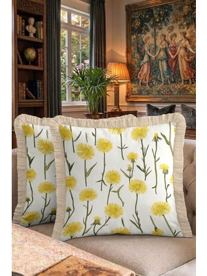 Hanna Home Saçaklı Kırlent Kılıfı Tropikal Çiçek Desenli Dekoratif Yastık Kılıfı Koltuk Takımı Aksesuarı 43X43 cm