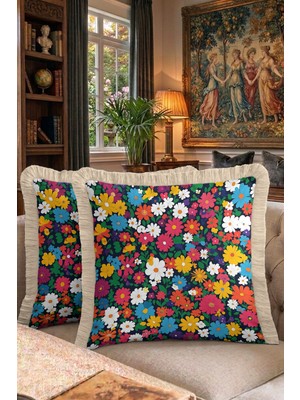 Hanna Home Saçaklı Saçaklı Kırlent Çiçekli Renkli Dekoratif Kırlent Kılıfı Yatak Odası Dekoru 43X43 cm