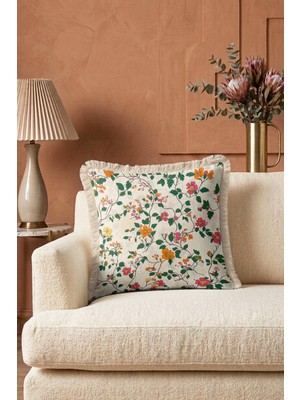 Hanna Home Dekoratif Kırlent Kılıfı Saçaklı Çiçekli Ev Dekorasyonu Saçaklı Saçaklı Kırlent 43X43 cm
