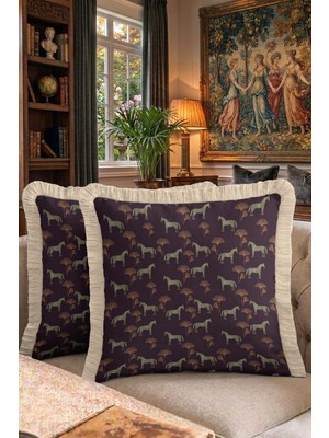 Hanna Home Saçaklı Yastık Kılıfı Bordo At Desenli Kırlent Kılıfı Kanepe Dekorasyonu 43X43 cm