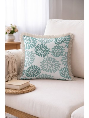 Hanna Home Saçaklı Yastık Kılıfı Mavi Çiçek Desenli Dekoratif Yastık Kılıfı Koltuk Takımı Aksesuarı 43X43 cm