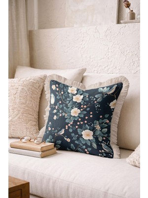 Hanna Home Saçaklı Yastık Kılıfı Lacivert Dekoratif Kuş ve Çiçek Desenli Dekoratif Kırlent Kılıfı Oturma Odası Kırlenti 43X43 cm