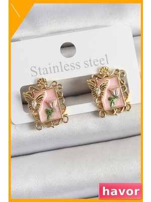 Havor Pembe Mineli Pirinç Portre Tasarımlı Kadın Küpe