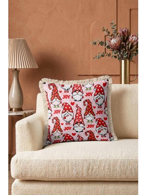 Hanna Home Dekoratif Kırlent Kılıfı Kırlent Kılıfı Noel Cüce Desenli Yatak Odası Dekoru Saçaklı Kırlent Kılıfı 43X43 cm