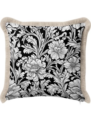 Hanna Home Saçaklı Saçaklı Kırlent Siyah Beyaz Çiçek Desenli Kırlent Kılıfı Koltuk Takımı Aksesuarı 43X43 cm
