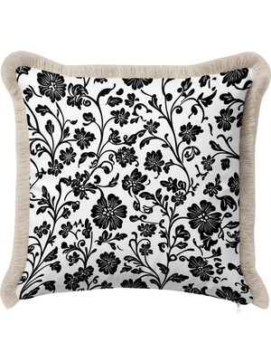 Hanna Home Saçaklı Kırlent Kılıfı Beyaz Dekoratif Çiçekli Koltuk Takımı Aksesuarı Saçaklı Yastık Kılıfı 43X43 cm