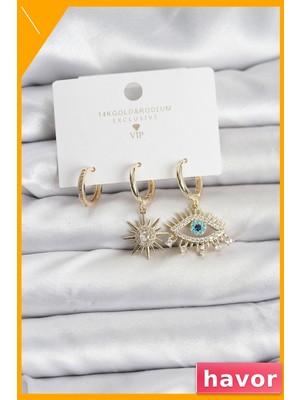 Havor Pirinç Malzemeden 3 Parça Kadın Küpe Takımı