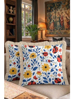 Hanna Home Tropikal Çiçek Desenli Dekoratif Yastık Kılıfı Saçaklı Kırlent Salon Koltuk Yastığı 43X43 cm