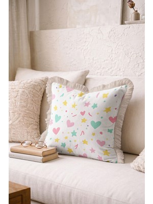 Hanna Home Dekoratif Kırlent Kılıfı Kırlent Kılıfı Renkli Yıldız ve Kalp Desenli Kırlent Kılıfı Ev Dekorasyonu 43X43 cm