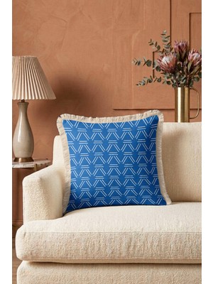 Hanna Home Saçaklı Kırlent Kılıfı Kırlent Kılıfı Mavi Geometrik Desenli Dekoratif Kırlent Kılıfı Oturma Odası Kırlenti 43X43 cm