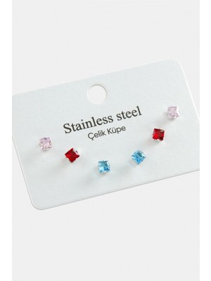 Fantastik Store 6 Adet Kare Zirkon Tek Taşlı Çelik Küpe