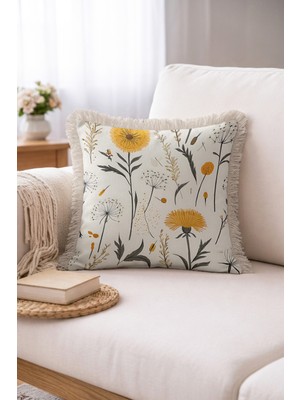 Hanna Home Saçaklı Kırlent Kılıfı Botanik Floral Desenli Dekoratif Yastık Kılıfı Ev Dekorasyonu 43X43 cm