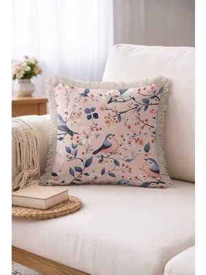 Hanna Home Dekoratif Yastık Kılıfı Dekoratif Kuş Desenli Kanepe Dekorasyonu Saçaklı Yastık Kılıfı 43X43 cm