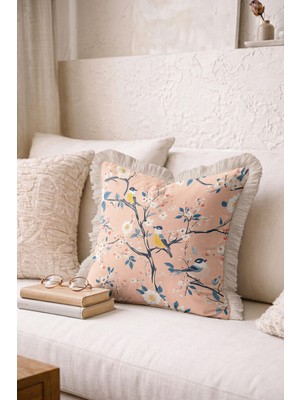 Hanna Home Saçaklı Kırlent Kılıfı Kırlent Kılıfı Çiçekli Kuş Desenli Kanepe Dekorasyonu Saçaklı Yastık Kılıfı 43X43 cm