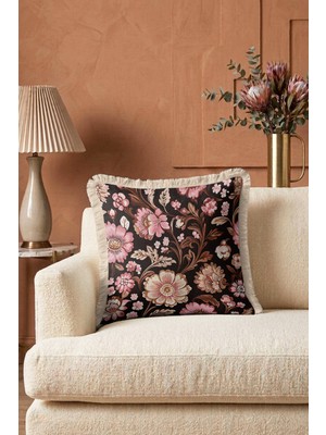 Hanna Home Saçaklı Kırlent Kılıfı Dekoratif Çiçekli Dekoratif Kırlent Kılıfı Ev Dekorasyonu 43X43 cm