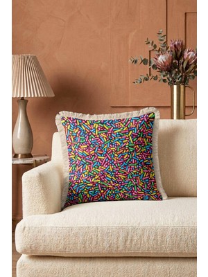 Hanna Home Saçaklı Kırlent Kılıfı Renkli Şekerleme Desenli Dekoratif Yastık Kılıfı Yatak Odası Dekoru 43X43 cm