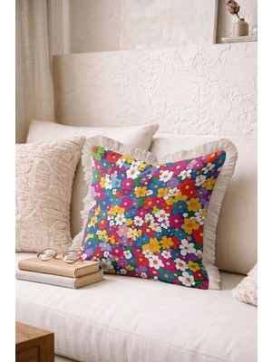 Hanna Home Dekoratif Kırlent Kılıfı Saçaklı Çiçekli Saçaklı Kırlent Salon Koltuk Yastığı 43X43 cm