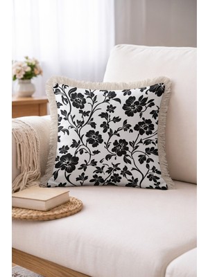 Hanna Home Siyah Dekoratif Çiçekli Saçaklı Kırlent Kılıfı Yastık Kılıfı Ev Dekorasyonu 43X43 cm