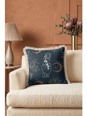 Hanna Home Saçaklı Kırlent Kılıfı Lacivert Bohem El ve Ay Desenli Kırlent Kılıfı Ev Dekorasyonu 43X43 cm