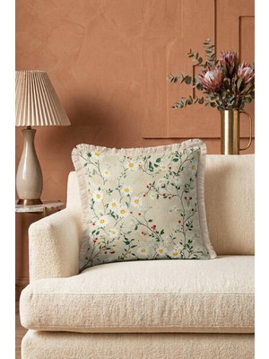 Hanna Home Saçaklı Kırlent Kılıfı Tropikal Çiçek Desenli Kanepe Dekorasyonu Saçaklı Saçaklı Kırlent 43X43 cm