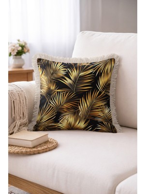 Hanna Home Dekoratif Kırlent Kılıfı Gold Altın Tropikal Çiçek Desenli Kırlent Kılıfı Koltuk Takımı Aksesuarı 43X43 cm