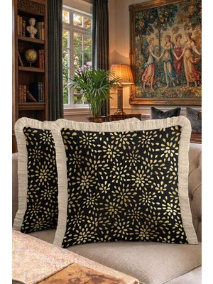 Hanna Home Saçaklı Saçaklı Kırlent Çiçekli Siyah Altın Kırlent Kılıfı Kanepe Dekorasyonu 43X43 cm