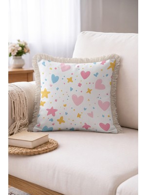 Hanna Home Saçaklı Saçaklı Kırlent Renkli Kalpler ve Yıldızlar Dekoratif Yastık Kılıfı Kanepe Dekorasyonu 43X43 cm