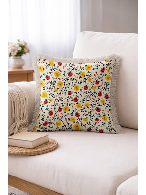 Hanna Home Dekoratif Yastık Kılıfı Tropikal Çiçek Desenli Yatak Odası Dekoru Saçaklı Yastık Kılıfı 43X43 cm