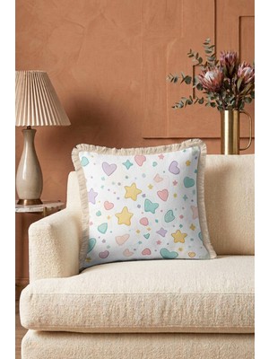 Hanna Home Saçaklı Kırlent Kılıfı Kırlent Kılıfı Renkli Yıldızlı Kalpli Yastık Kılıfı Salon Koltuk Yastığı 43X43 cm
