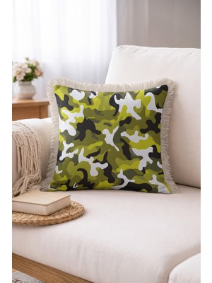 Hanna Home Saçaklı Kırlent Kılıfı Kamuflaj Desenli Kırlent Kılıfı Salon Koltuk Yastığı 43X43 cm