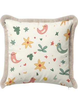 Hanna Home Dekoratif Yastık Kılıfı Kırlent Kılıfı Sevimli Kuş Çiçekli Salon Koltuk Yastığı Saçaklı Kırlent Kılıfı 43X43 cm