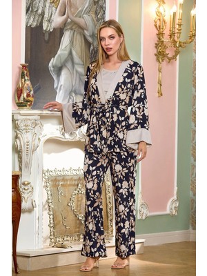 Fantastik Store Aqua 25197 Saten Desenli Sabahlıklı 3'lü Pijama Takımı