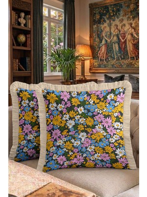 Hanna Home Tropikal Çiçek Desenli Saçaklı Kırlent Kılıfı Kırlent Kılıfı Kanepe Dekorasyonu 43X43 cm
