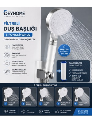 Deyhome 5 Kademeli Filtreli Duş Başlığı – Yüksek Basınçlı Tasarruflu Duş Başlığı, Kireç Önleyici Filtreli El Duşu