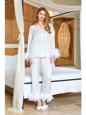 Fantastik Store Aqua 25583 Gömlek Yaka Otrişli Saten Pijama Takımı
