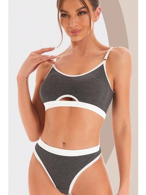 Fantastik Store Kadın Gri Antrasit Kaşkorse ve Beyaz Lastikli Cut-Out Tanga Külotlu Takım