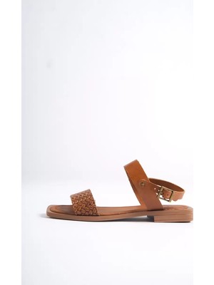 Fantastik Store Taba Örgü Desenli Hakiki Deri Sandalet TR31MY20E