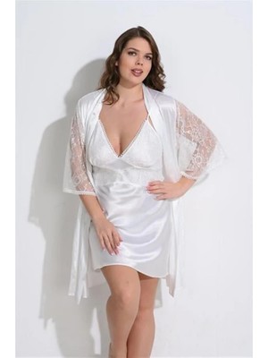 Fantastik Store Arias Closet Premium Büyük Beden Saten Dantel Işlemeli Ekru 2'li Gecelik Sabahlık Takımı Bigsize
