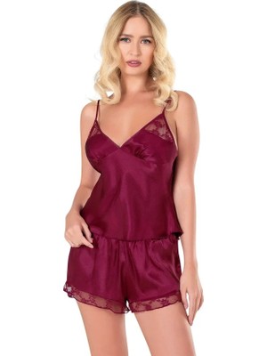 Fantastik Store Arias Closet Bordo Saten Babydoll Şort Takımı