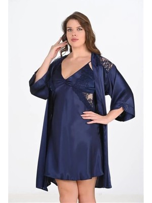 Fantastik Store Arias Closet Premium Büyük Beden Saten Dantel Işlemeli Lacivert 2'li Gecelik Sabahlık Takımı Bigsize