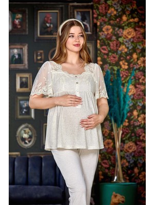 Fantastik Store Aqua 24080 Bayan Kısa Kol Dantelli Lohusa Pijama Takımı