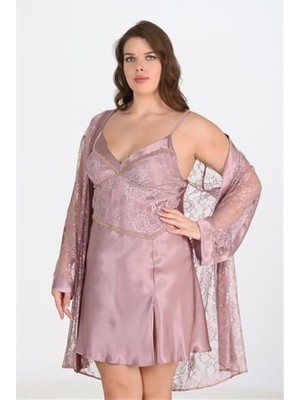 Fantastik Store Arias Closet Premium Büyük Beden Saten Dantel Işlemeli Vizon 2'li Gecelik Sabahlık Takımı Bigsize